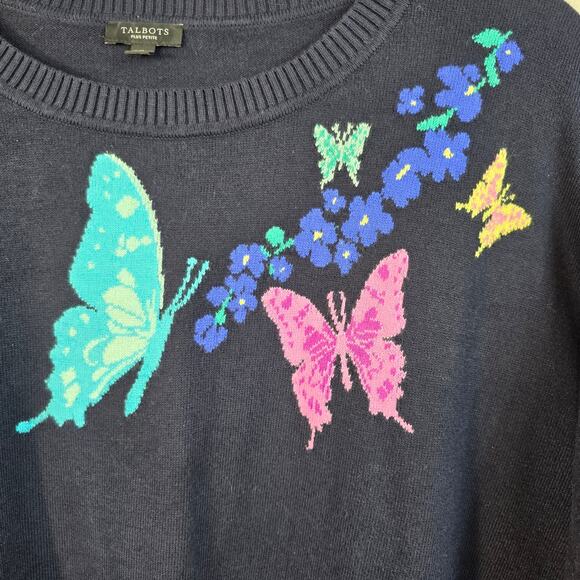 Talbots Sweater Women's 2XP Navy Butterfly Floral Crew Neck 3/4 Sleeves Career - Picture 3 of 9